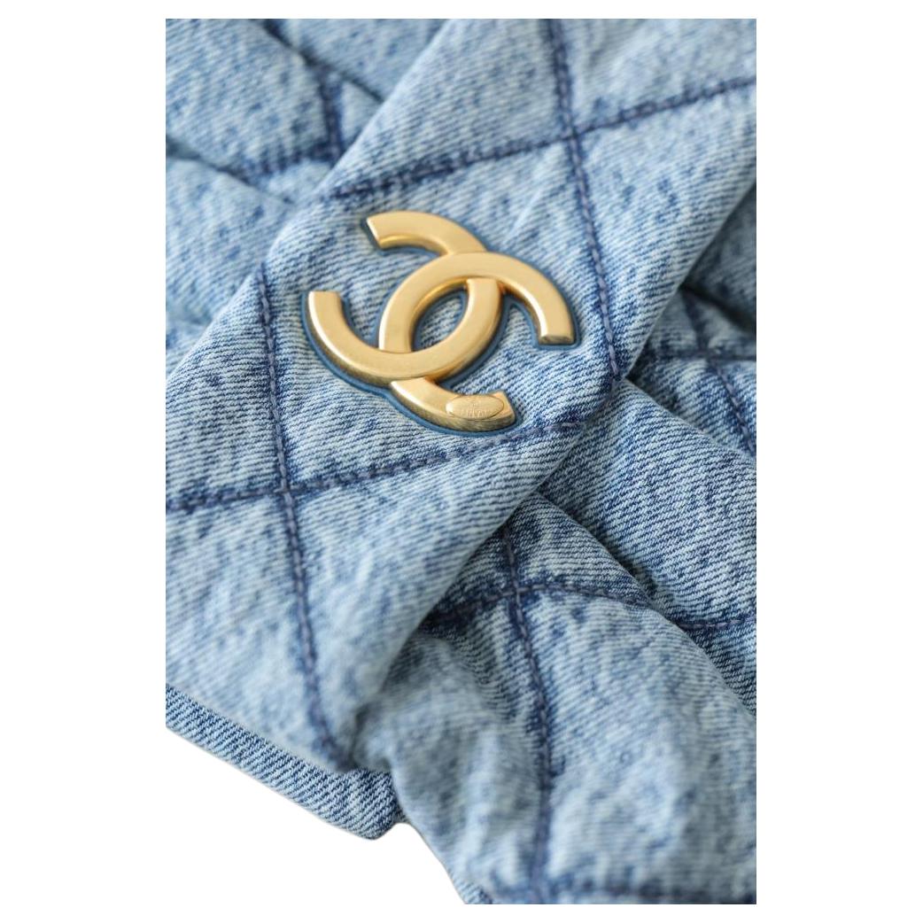 CHANEL Double C Logo Quilted Leather Chain Denim Single Shoulder Handbag Small Women's Blue