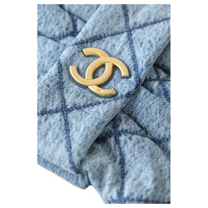 CHANEL Double C Logo Quilted Leather Chain Denim Single Shoulder Handbag Small Women's Blue