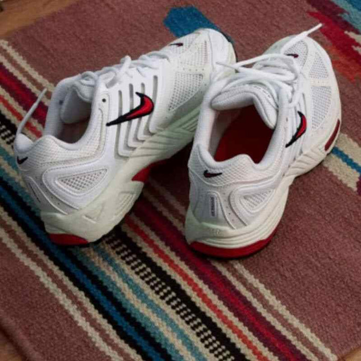 Nike Air بيغاسوس 2006 white sneakers with red and black accents on colorful rug.
