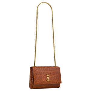 SAINT LAURENT KATE gold-toned logo Chain shoulder strap Bronze hardware Crocodile embossed leather Shoulder bag Small Women's Dark beige