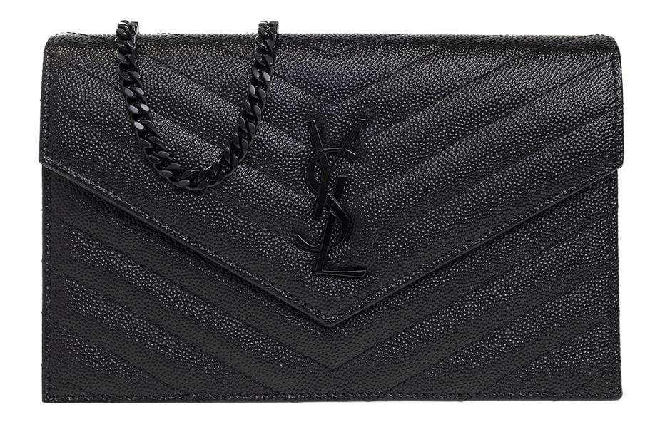 حقيبة Saint Laurent Monogram جلد أسود مع سلسلة سوداء.