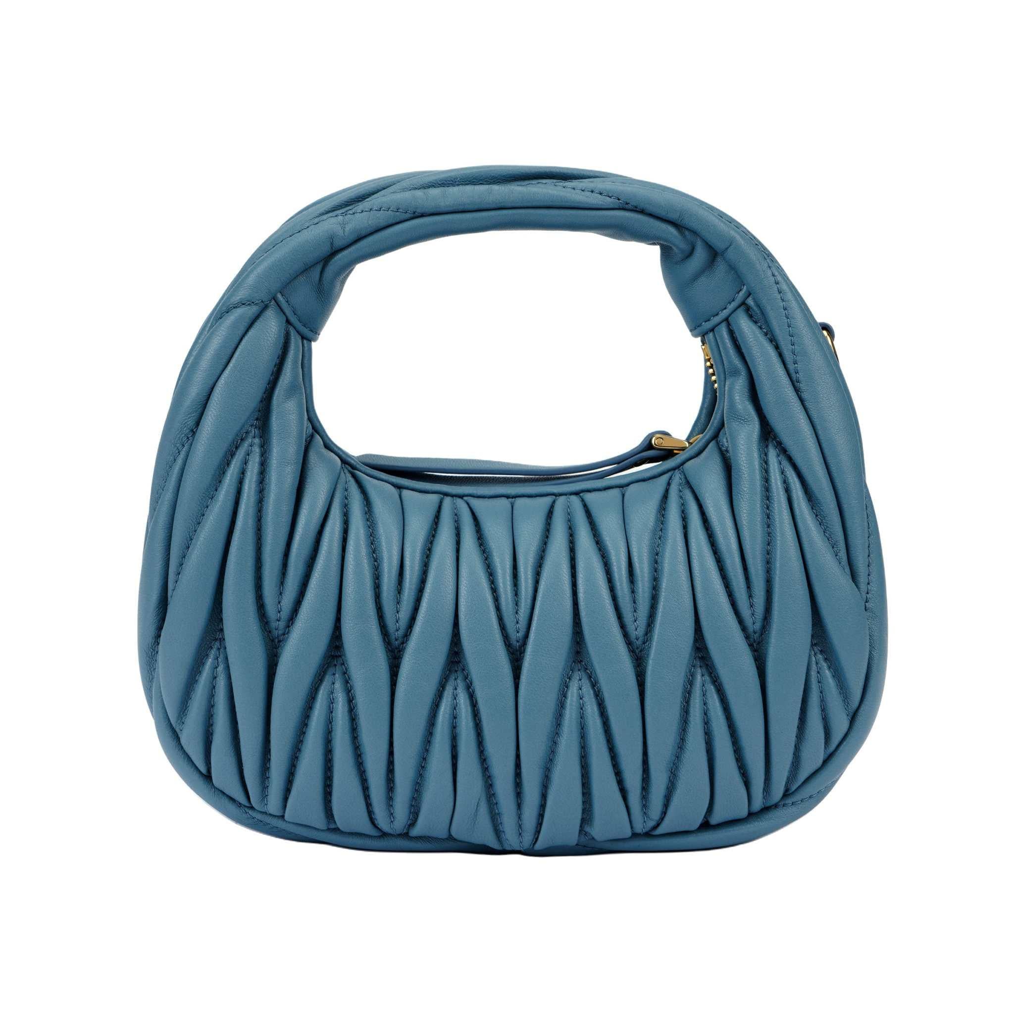 MIU Miu Wander Matelassé Hobo Bag Shoulder Crossbody Mini Blue.