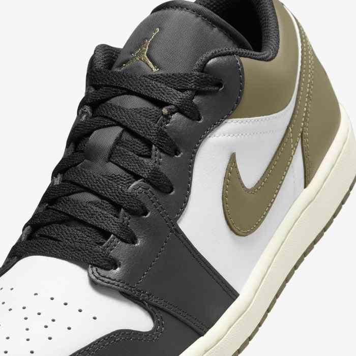 Air Jordan 1 Low men's shoe in black, white, and medium olive.