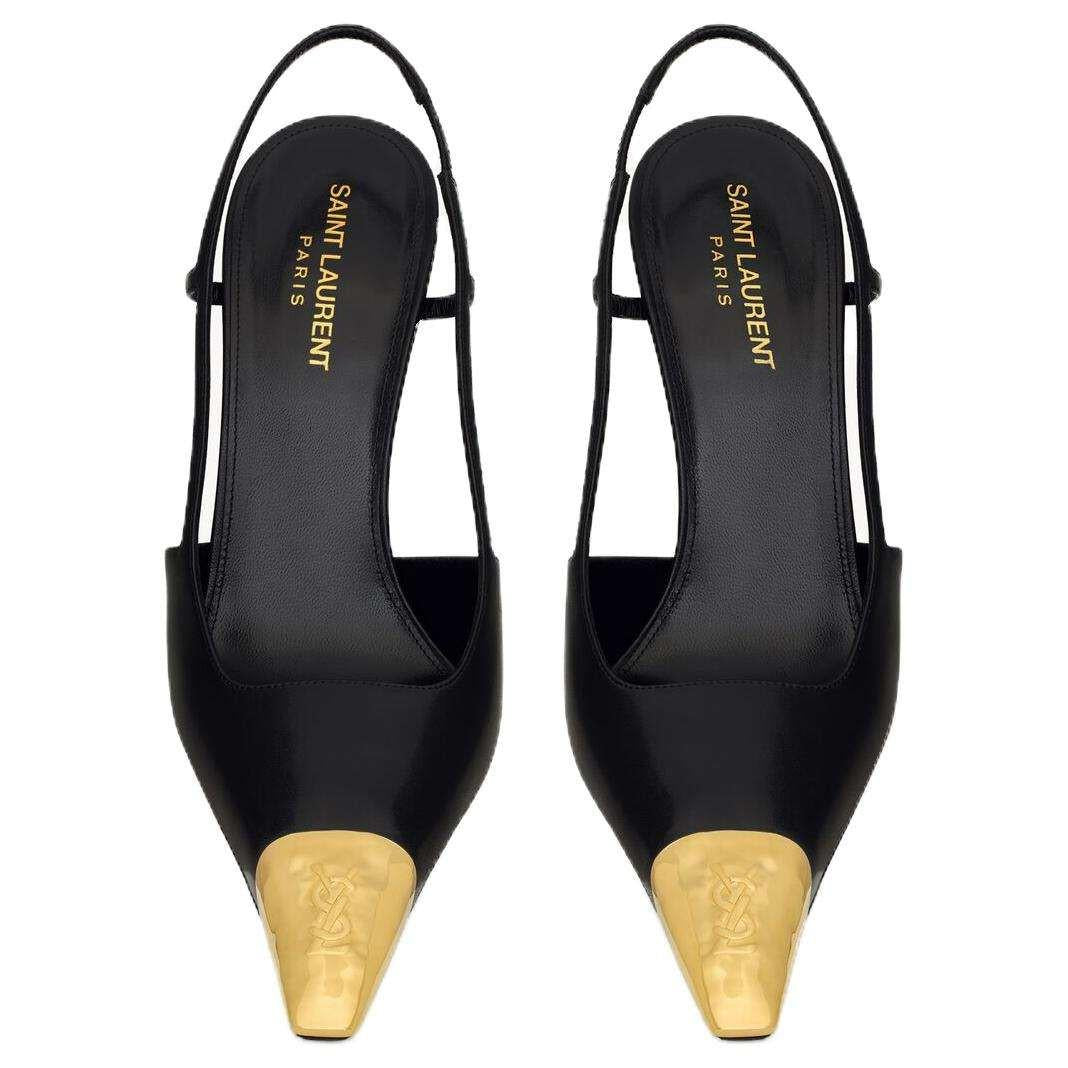 حذاء Saint Laurent Slingback كعب عالي أسود بمقدمة ذهبية.