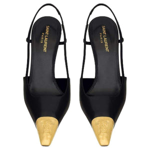 حذاء Saint Laurent Slingback كعب عالي أسود بمقدمة ذهبية.