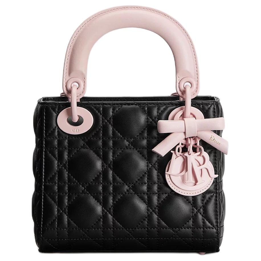 حقيبة يد Lady Dior جلد باللون الأسود والوردي