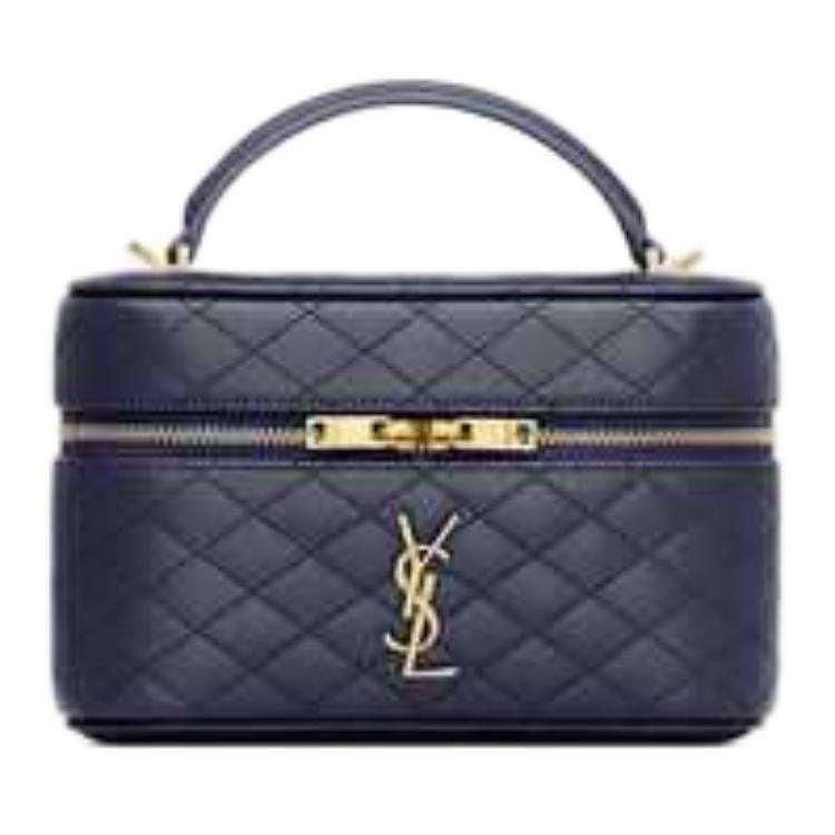 SAINT LAURENT Blue حقيبة مستحضرات تجميل جلد ماعز فاخرة ومبطنة | أصلي.