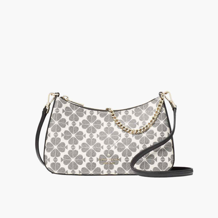 Kate Spade classic black and white floral handbag with gold chain and removable shoulder strap.