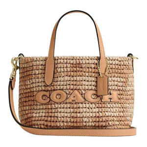 COACH 15 Brand Logo Straw Tote Handbag Mini Women's Yellowish Brown