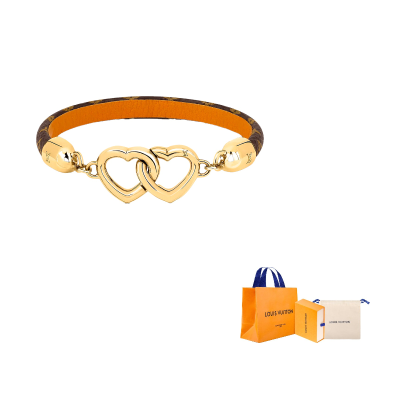 LOUIS VUITTON SAY YES Double Heart Embellished Canvas Cowhide Bracelet Women's Gold.