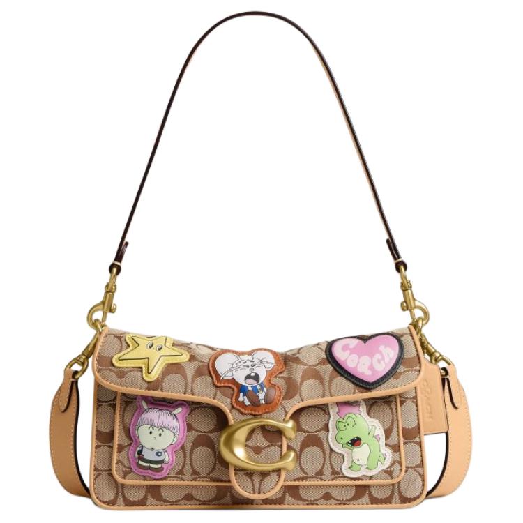 COACH x BRAIN DEAD Collaboration Soft Tabby 26 Classic Logo Hardware Fabric Combination Cowhide Single Shoulder Bag Medium Size Women's Khaki Color