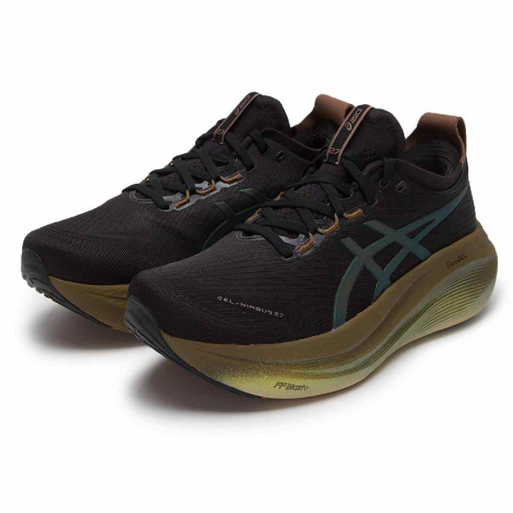 ASICS Gel-Nimbus 27 black sneakers with bronze accents, PureGEL cushioning, and ergonomic design.