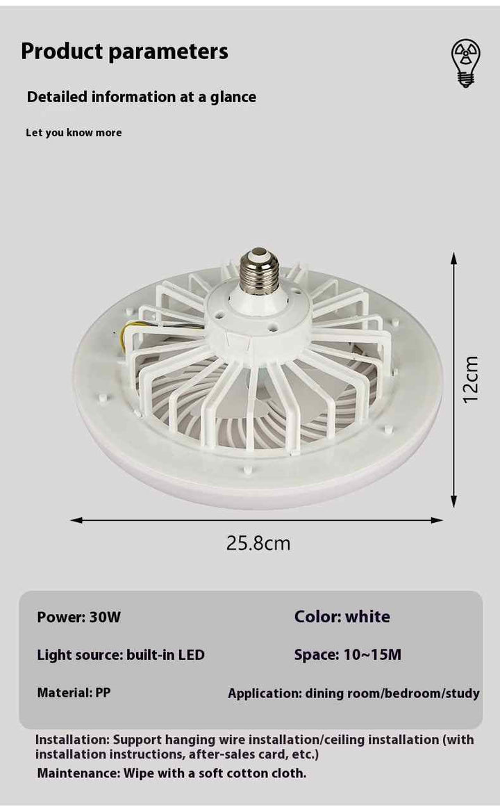 مروحة سقف LED بقابس لولبي مع إضاءة قابلة لتعتيم بدون أقطاب 30 واط بلون أبيض وتصميم حديث بسيط