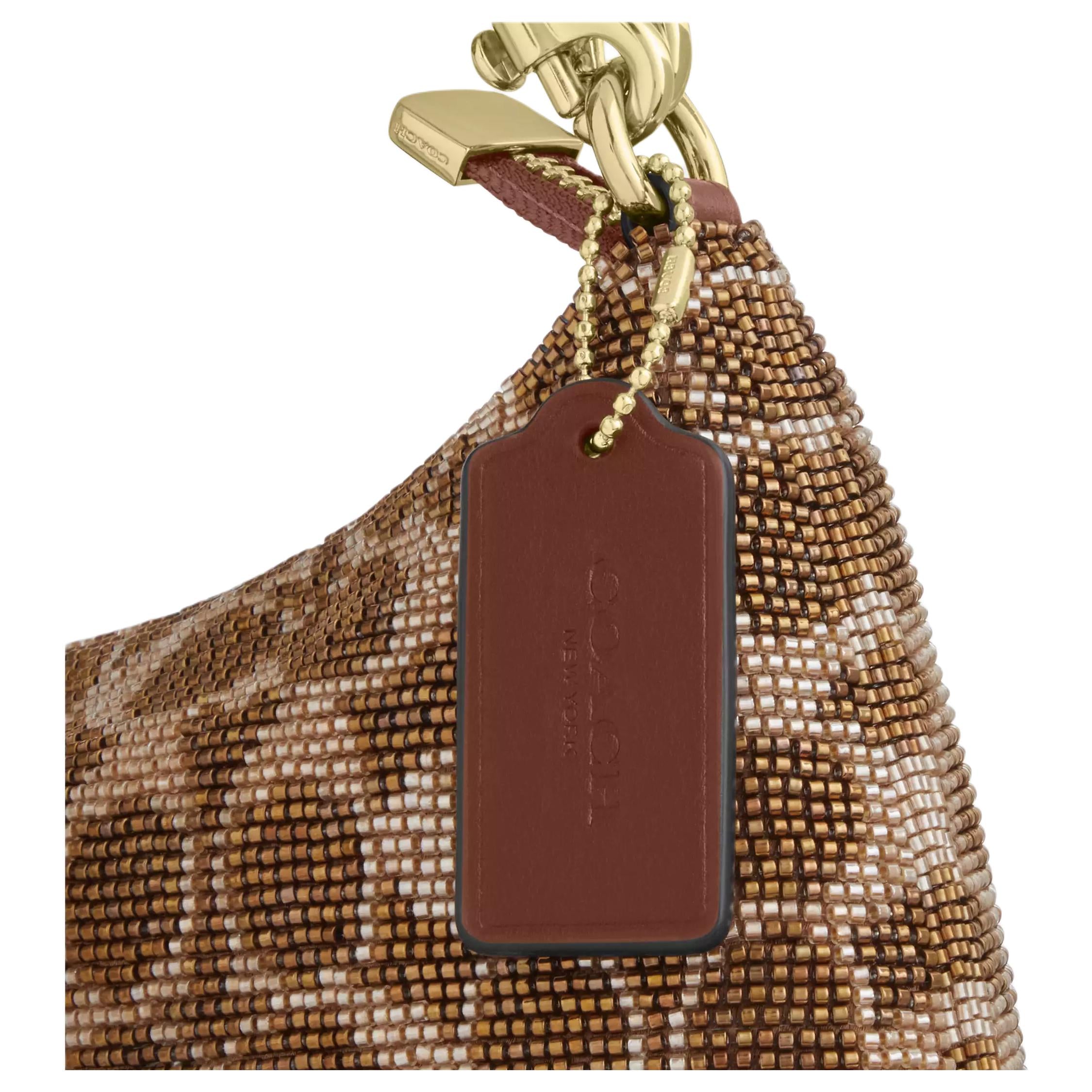 COACH Teri 25 Zipper Closure Beaded Satin Leather Single Shoulder Bag Medium Size Women's Brown