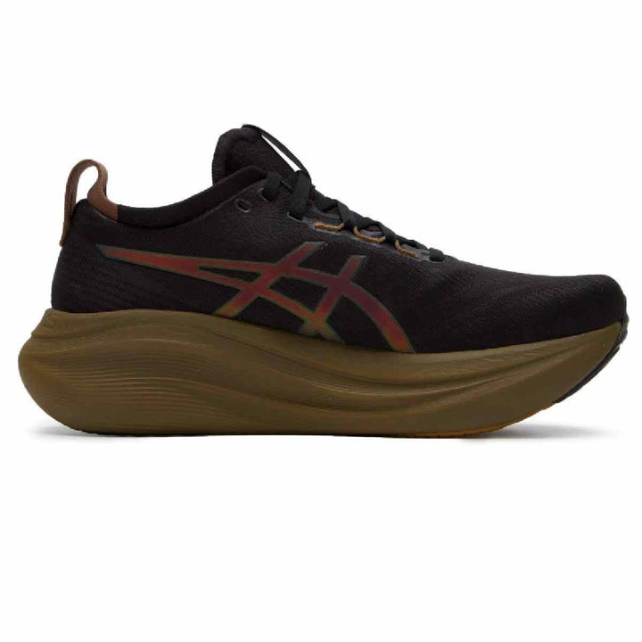 ASICS Gel-Nimbus 27 black running shoe with bronze accents, featuring PureGEL™ cushioning and FF Blast™+ technology.