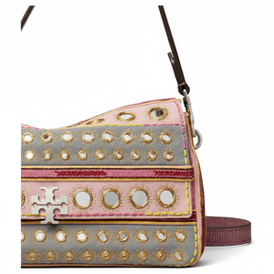 TORY BURCH Charlie brand logo, hand-embroidered craftsmanship, cotton crossbody shoulder bag, small size, women's style, pink patchwork gray