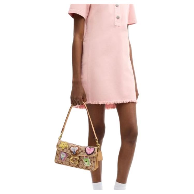 COACH x BRAIN DEAD Collaboration Soft Tabby 26 Classic Logo Hardware Fabric Combination Cowhide Single Shoulder Bag Medium Size Women's Khaki Color