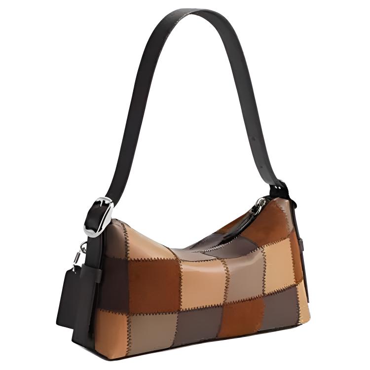 COACH 24 Brand Logo Checkerboard Color Block Design Leather Single Shoulder Bag Medium Women's Tea Color
