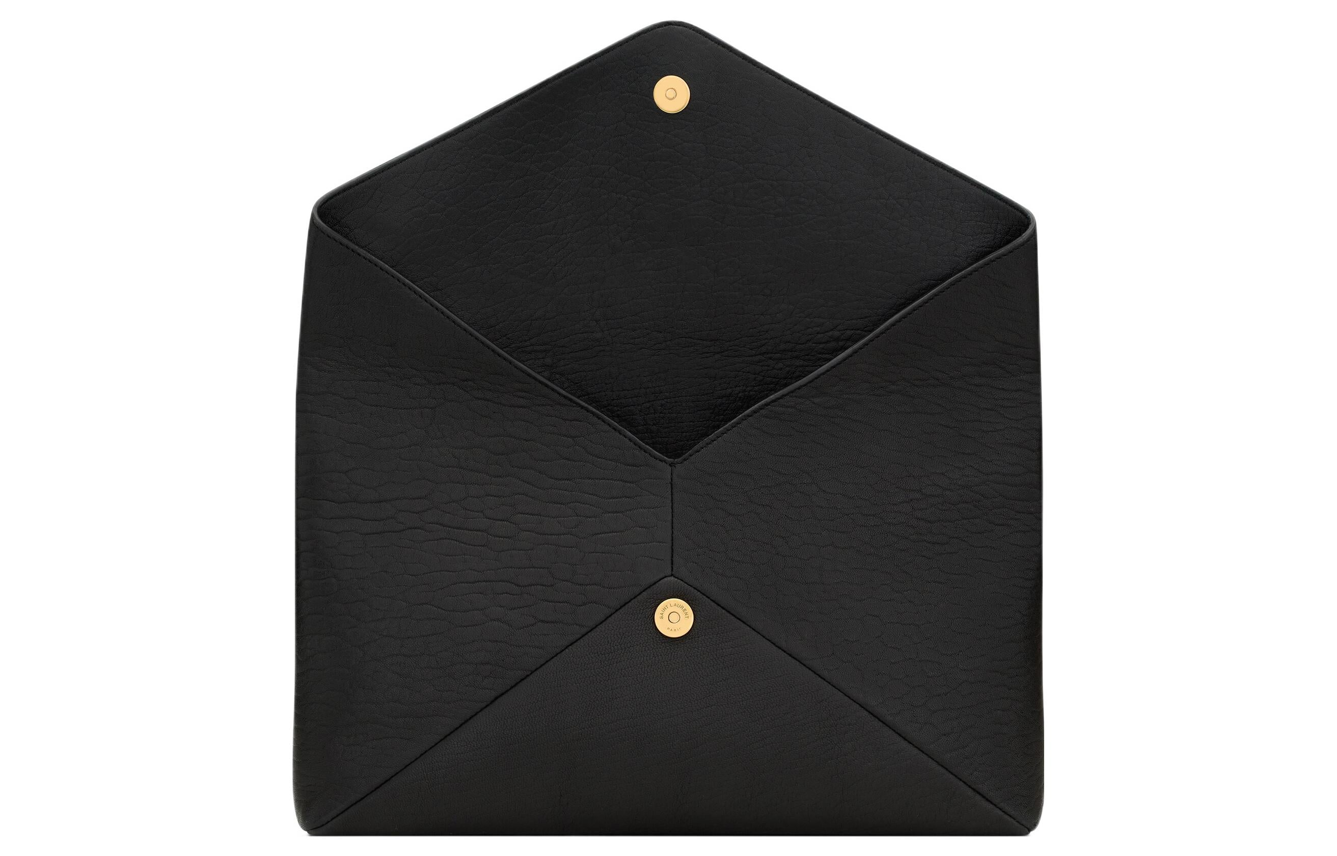 SINS LAURENT YSL LE CASSANDRE metal letter logo magnetic snap-close sheepskin envelope clutch large size women's black style
