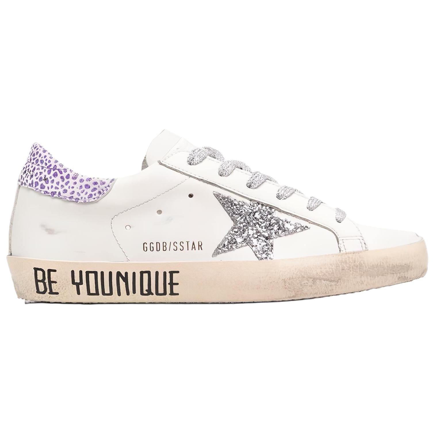 Golden Goose Super-Star canvas low-top fashion sneakers for women, white and purple, distressed version