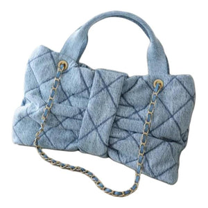 CHANEL Double C Logo Quilted Leather Chain Denim Single Shoulder Handbag Small Women's Blue