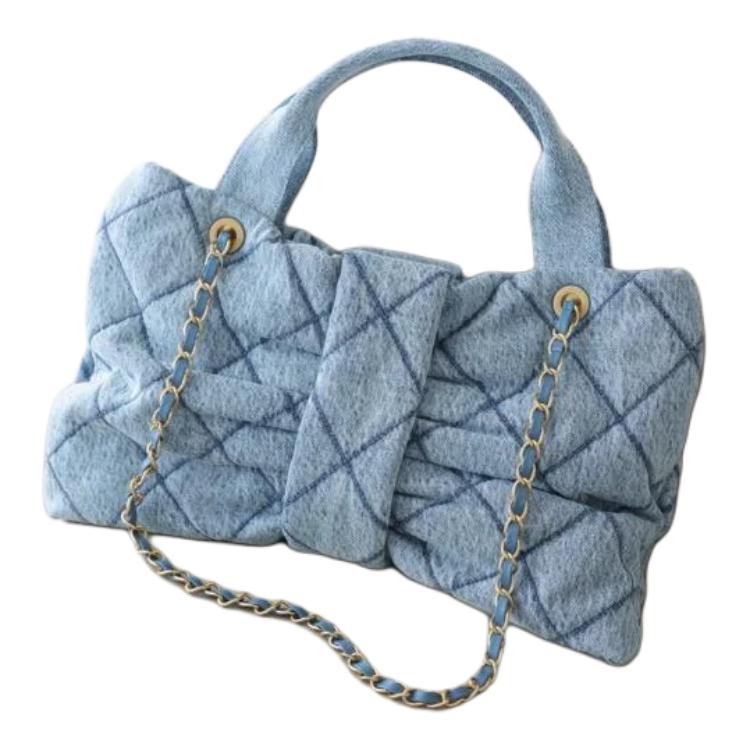 CHANEL Double C Logo Quilted Leather Chain Denim Single Shoulder Handbag Small Women's Blue