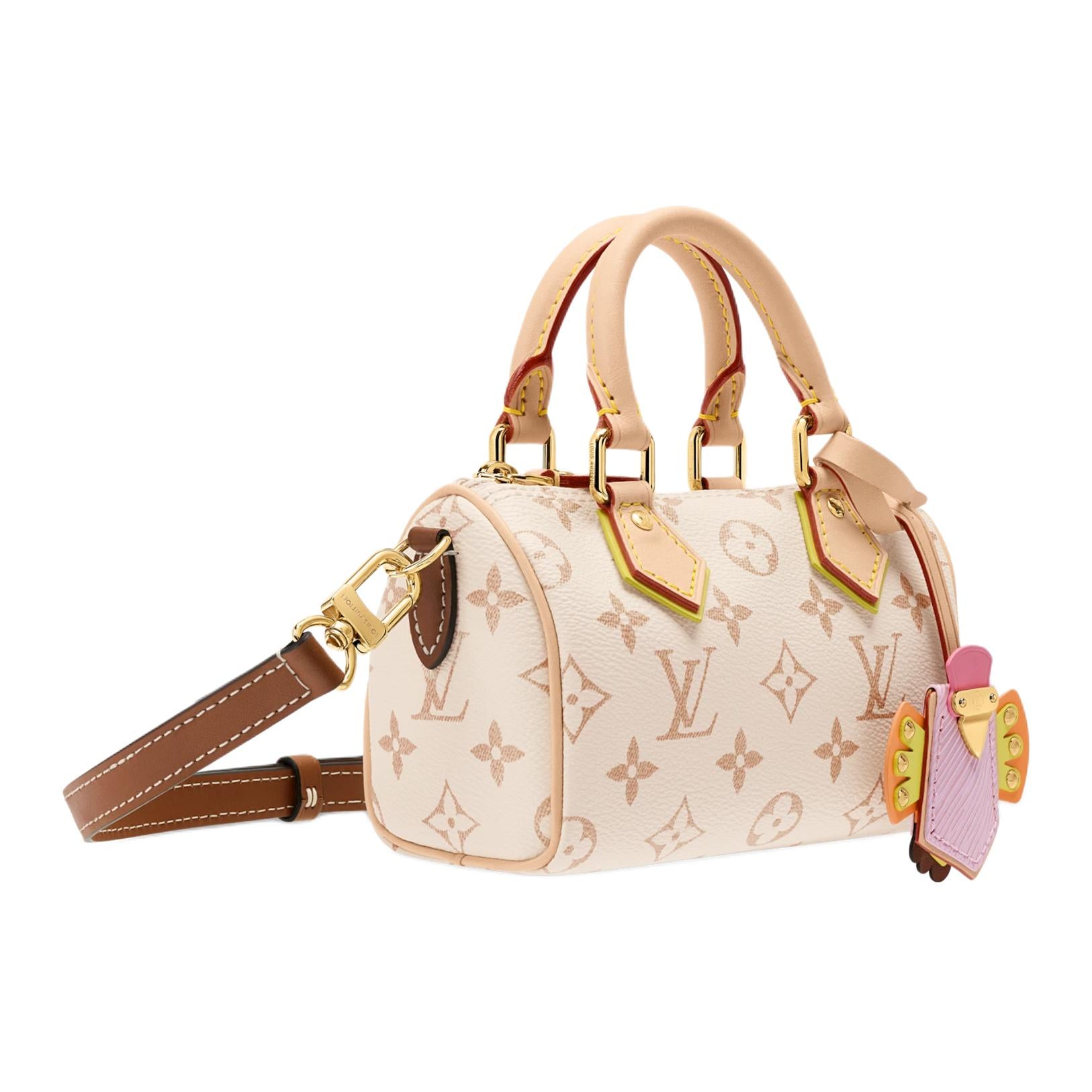 LOUIS VUITTON NANO SPEEDY Color-Block Rivet Design Hanging Charm Monogram Dune Coated Canvas Single Shoulder Crossbody Handbag Women's Beige