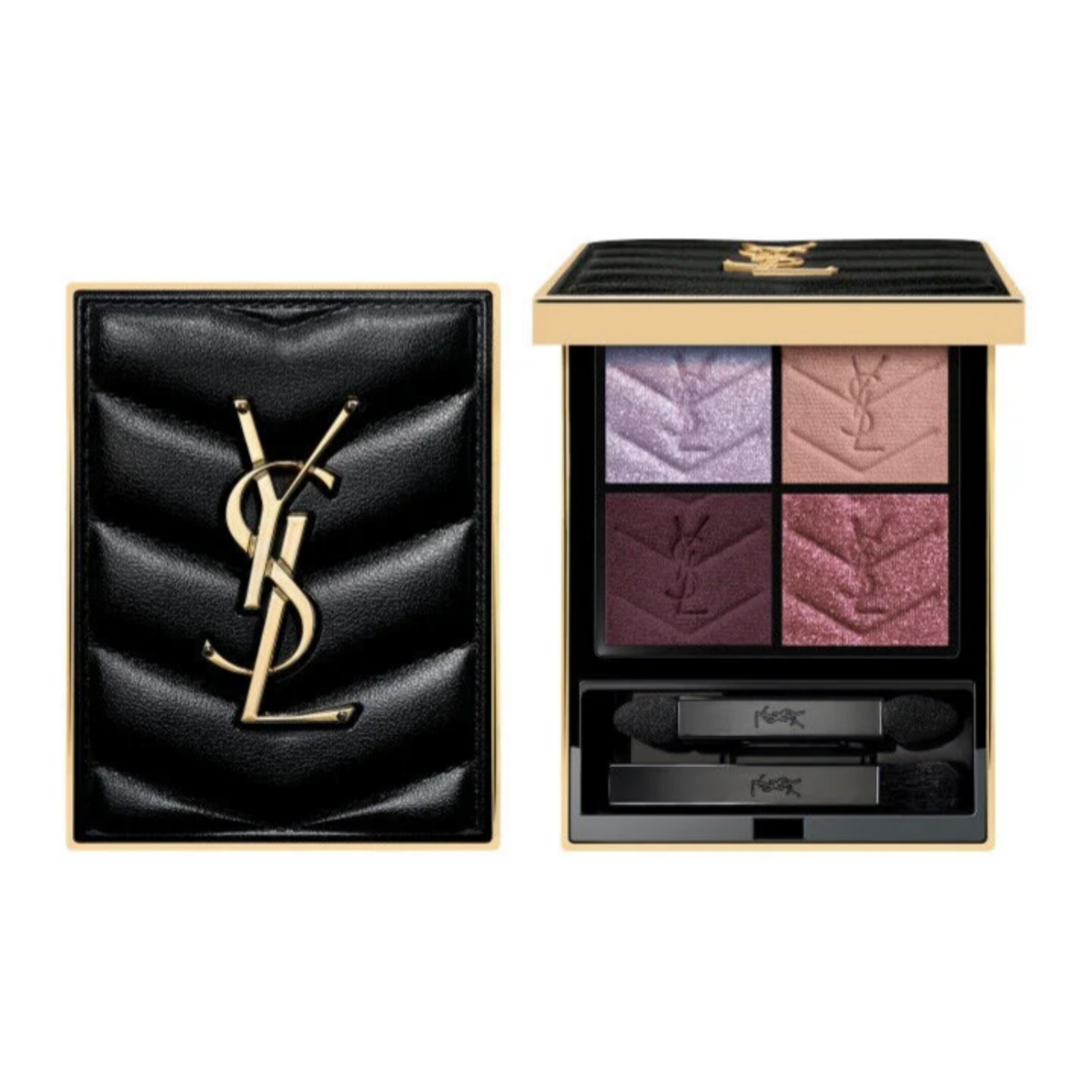 باليت ظلال عيون رباعية بشعار YSL مغلقة ومفتوحة بدرجات بنفسجية وموف