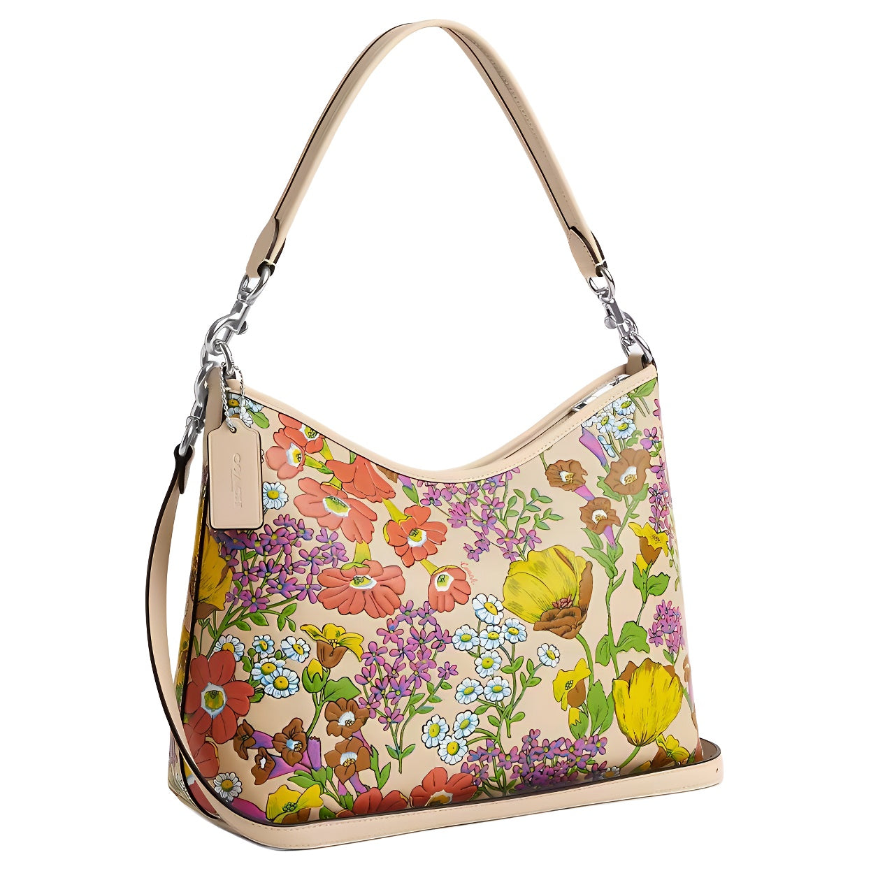 COACH Laurel 31 floral print smooth leather hand-carry shoulder bag, large size for women, silver patch ivory color multi-color