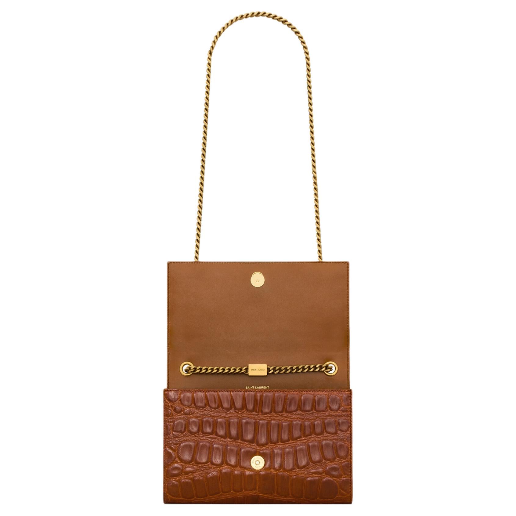 SAINT LAURENT KATE gold-toned logo Chain shoulder strap Bronze hardware Crocodile embossed leather Shoulder bag Small Women's Dark beige