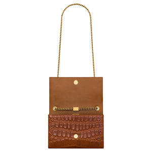 SAINT LAURENT KATE gold-toned logo Chain shoulder strap Bronze hardware Crocodile embossed leather Shoulder bag Small Women's Dark beige