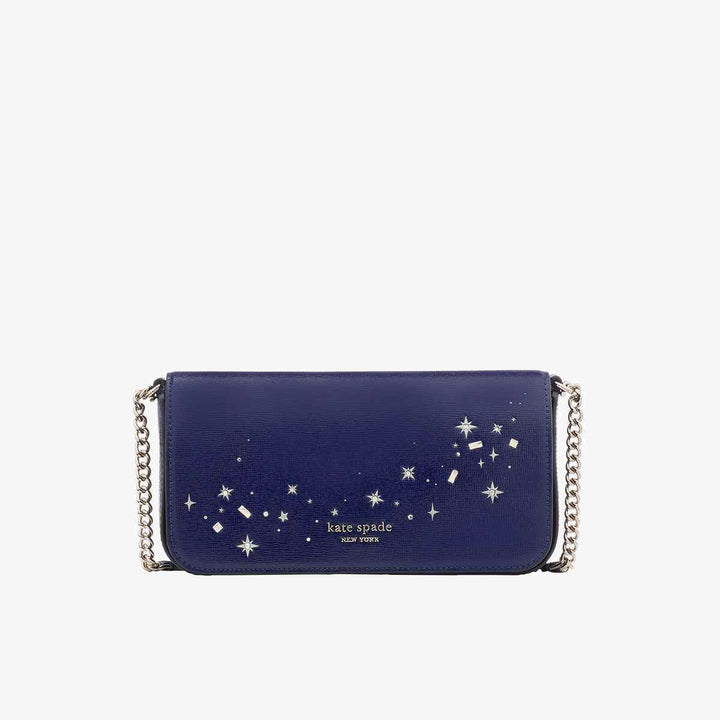 Kate Spade Devin handbag in sky blue with starry night design, elegant and compact with shimmering star details.