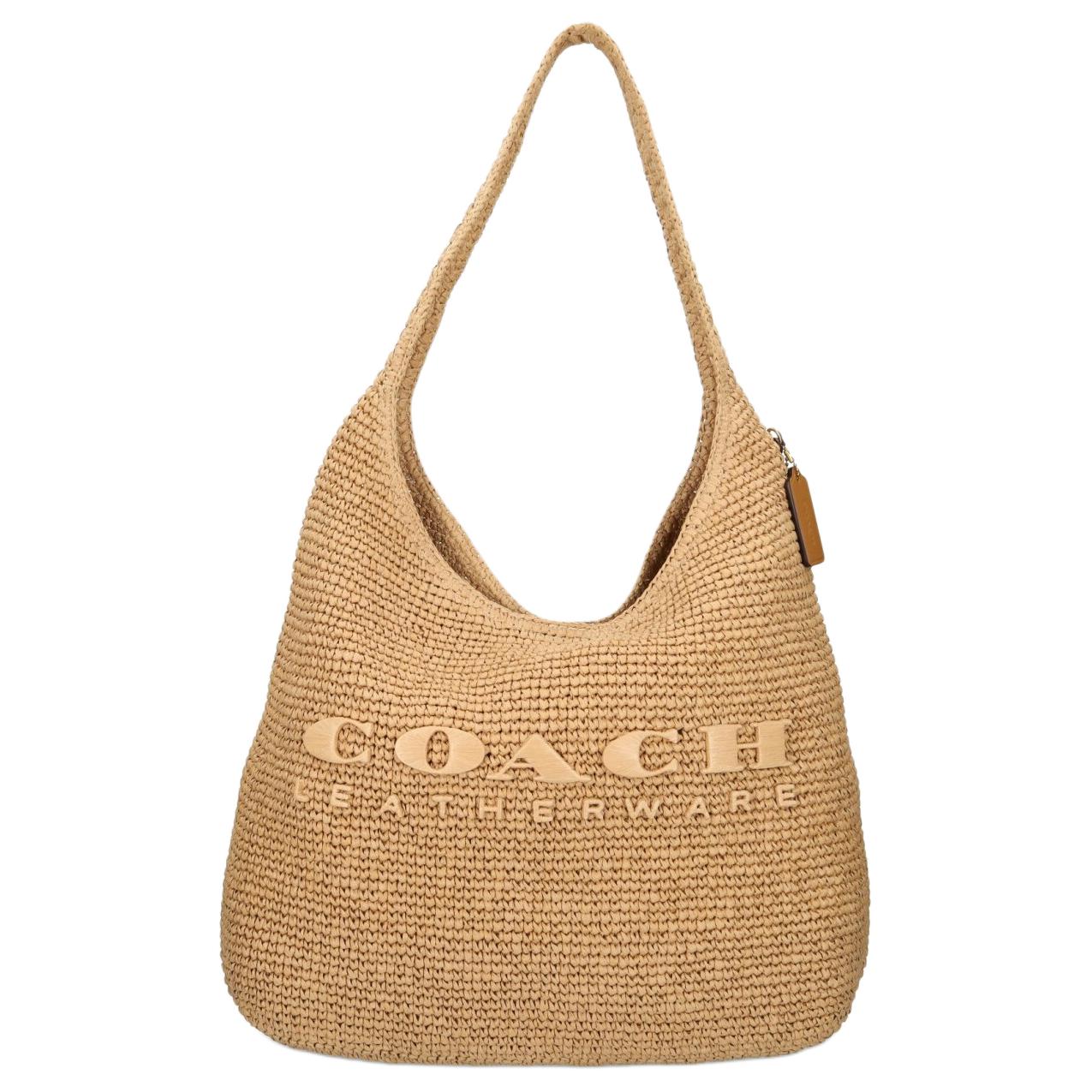 COACH Brooklyn 39 Woven Design Letter Print Straw Single Shoulder Bag Large Women's Beige