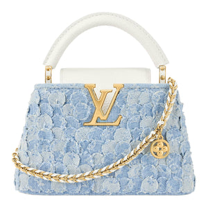 LOUIS VUITTON Capucines Denim gold floral pattern charm two-tone chain design, denim with Taurillon leather trim, single shoulder crossbody handbag, mini, women's, blue
