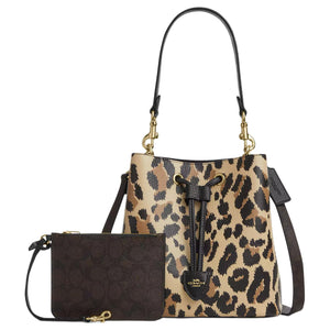 COACH Rowan 21 Detachable Shoulder Strap, Exquisite Lychee Pattern Leather Coated Canvas Bucket Bag Crossbody Single Shoulder Handbag Small Women's Leopard Print Multicolor