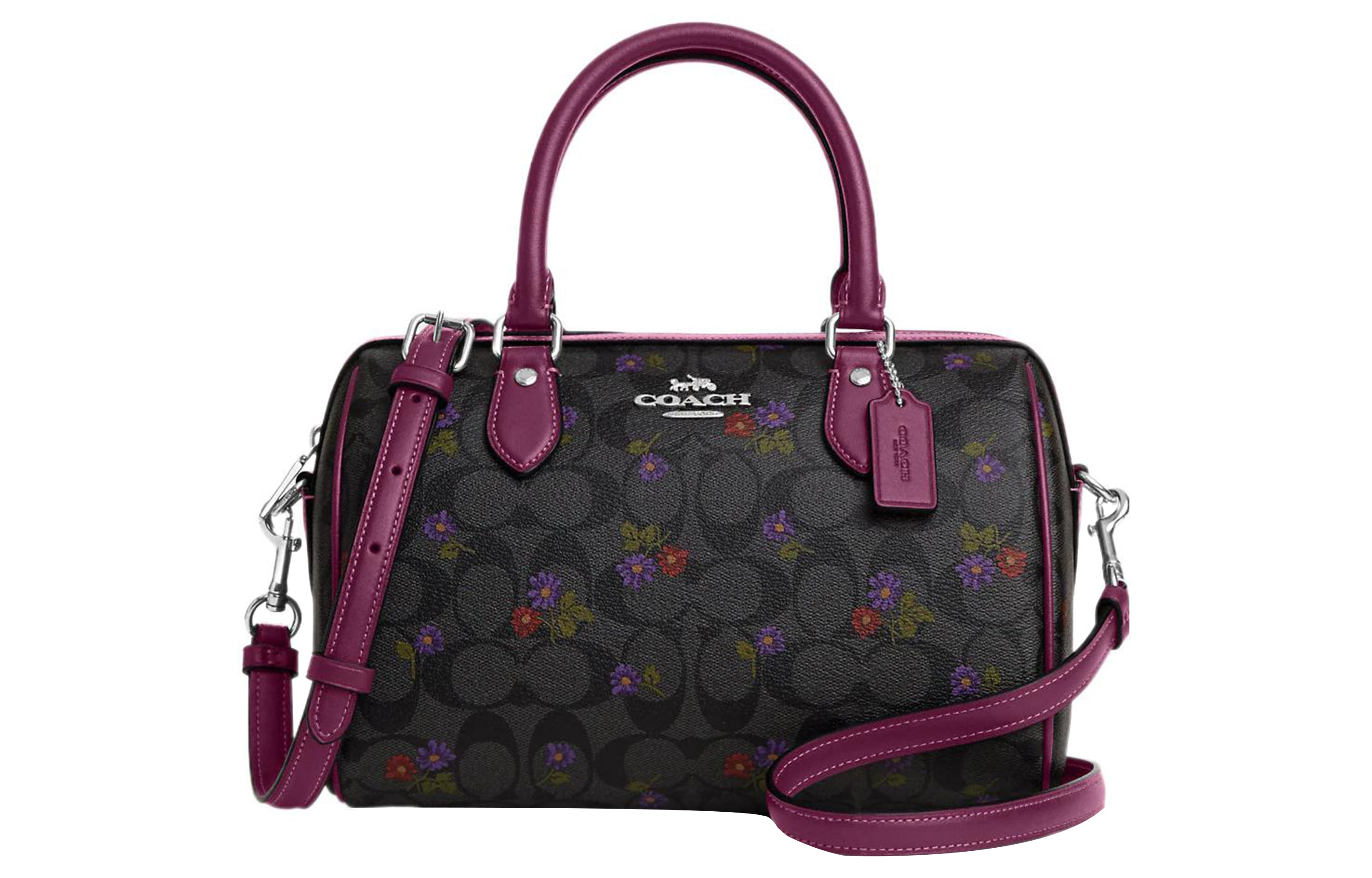 COACH Rowan 25 Signature Floral Print Coated Canvas Leather Single Shoulder Crossbody Handbag Medium Women's Silver Graphite Deep Berry Color