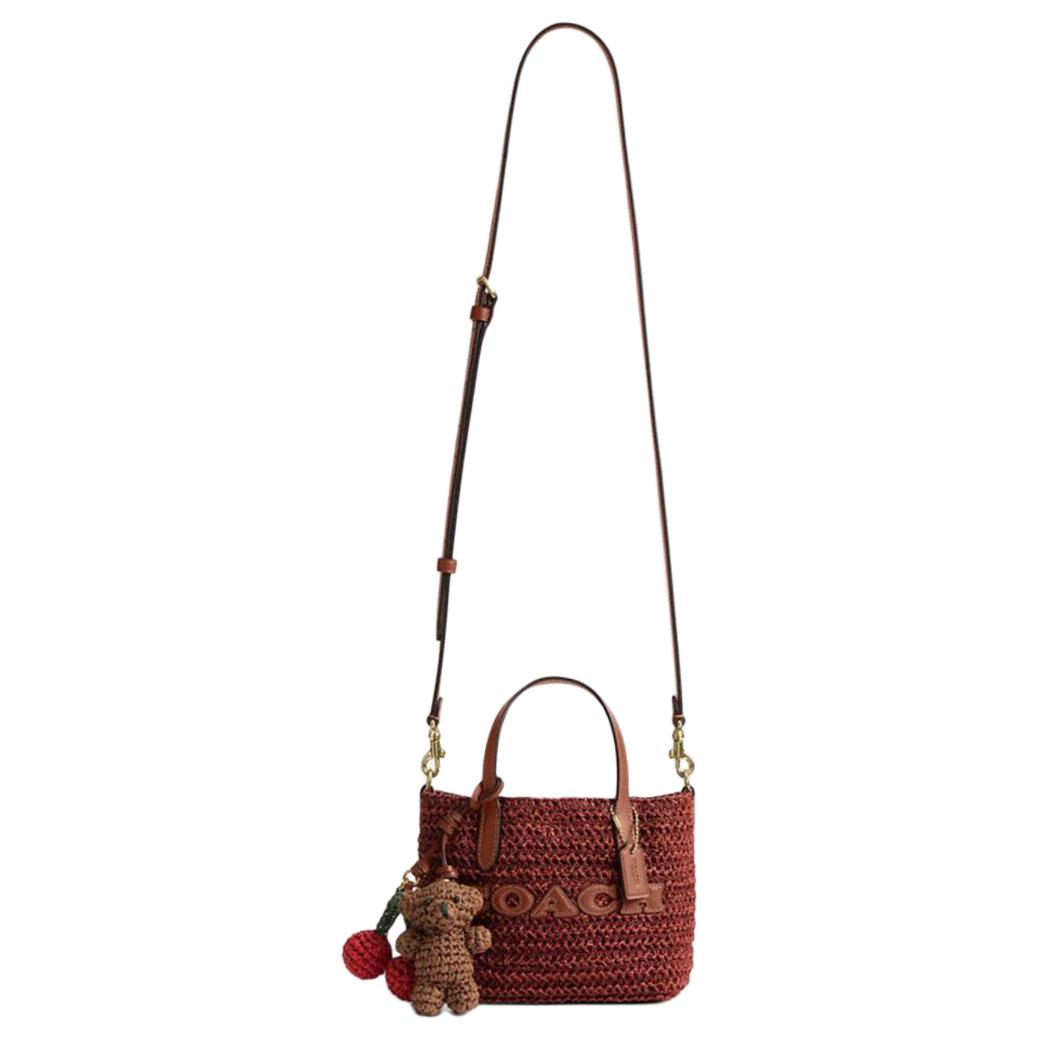 COACH City 15 Brand Logo Detachable Shoulder Strap Straw Textured Calfskin Tote Tote Mini Women's Straw Color Combination Reddish