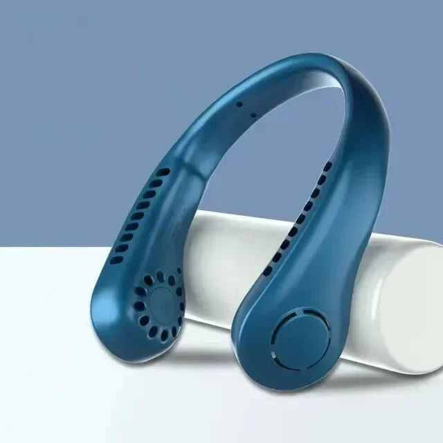 مروحة صغيرة محمولة قابلة للارتداء على الرقبة باللون الأزرق مع شحن USB وتصميم مريح خفيف الوزن