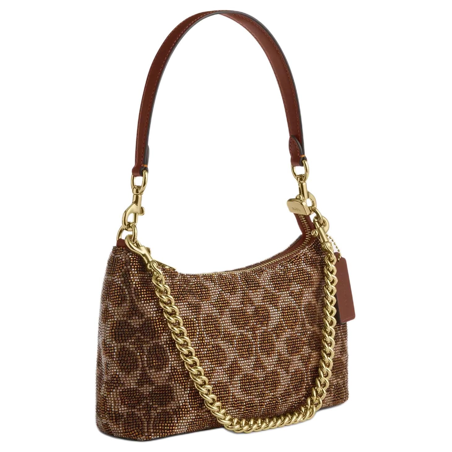 COACH Teri 25 Zipper Closure Beaded Satin Leather Single Shoulder Bag Medium Size Women's Brown