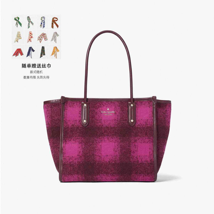 Kate Spade tartan tote bag with wool and faux leather, plaid design.