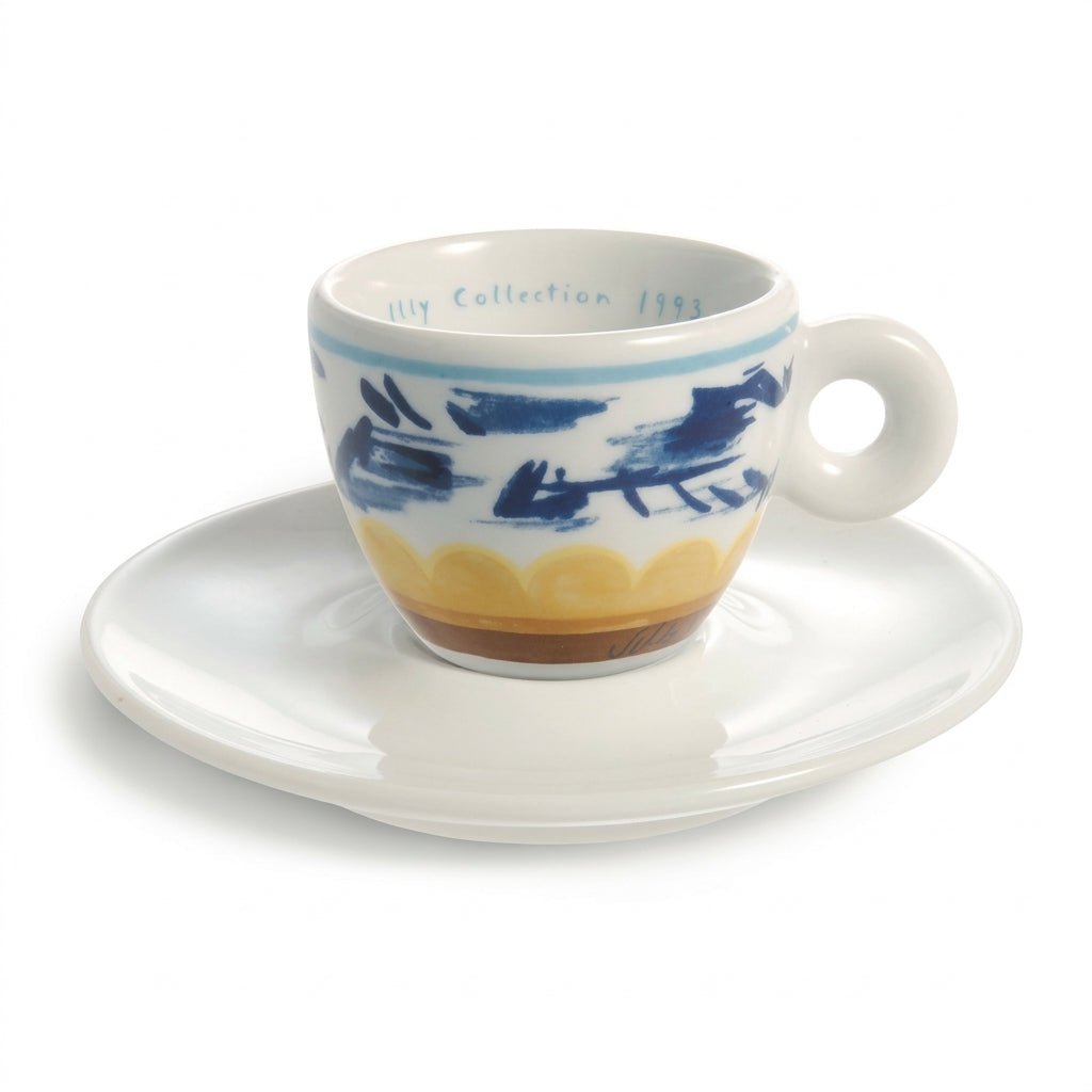 فنجان اسبريسو illy إصدار 1993 برسم تجريدي أزرق وشريط أصفر مع صحنه