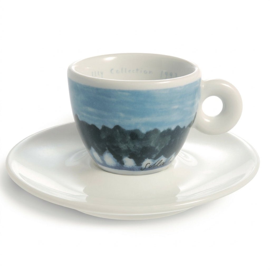 فنجان اسبريسو illy إصدار 1993 برسم منظر طبيعي أزرق مع صحنه