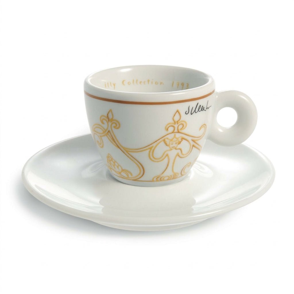 فنجان اسبريسو illy إصدار 1993 أبيض مزخرف مع صحنه، منظر جانبي