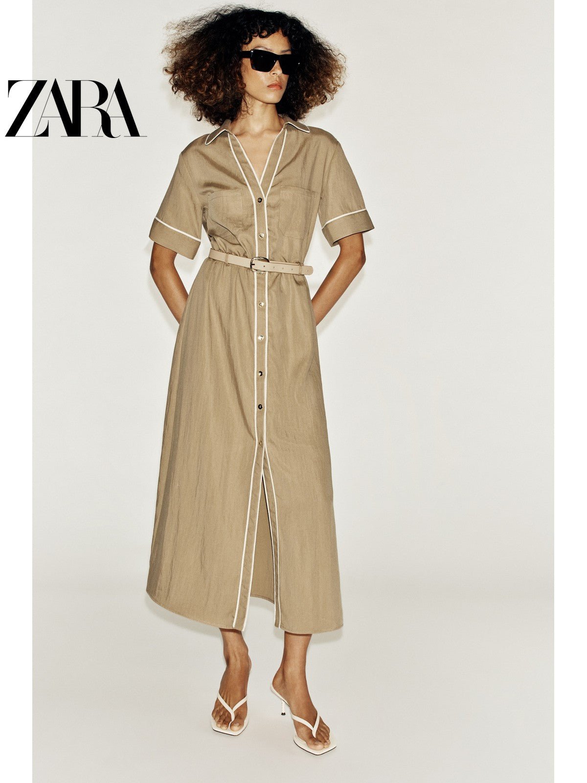 فستان نسائي ZARA بحزام وأزرار لون بني - رفعة