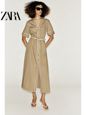 فستان نسائي ZARA بحزام وأزرار لون بني - رفعة