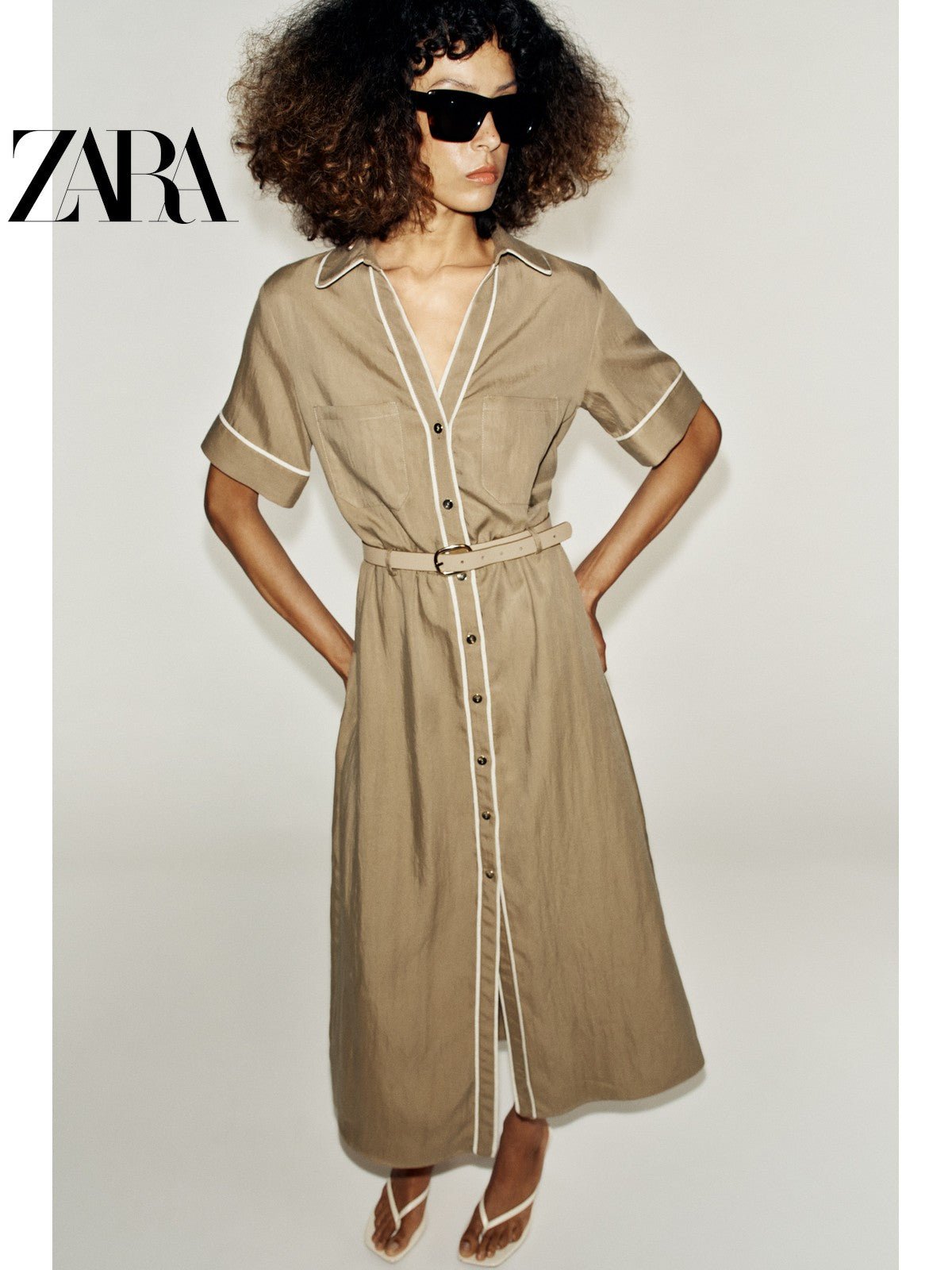 فستان نسائي ZARA بحزام وأزرار لون بني - رفعة