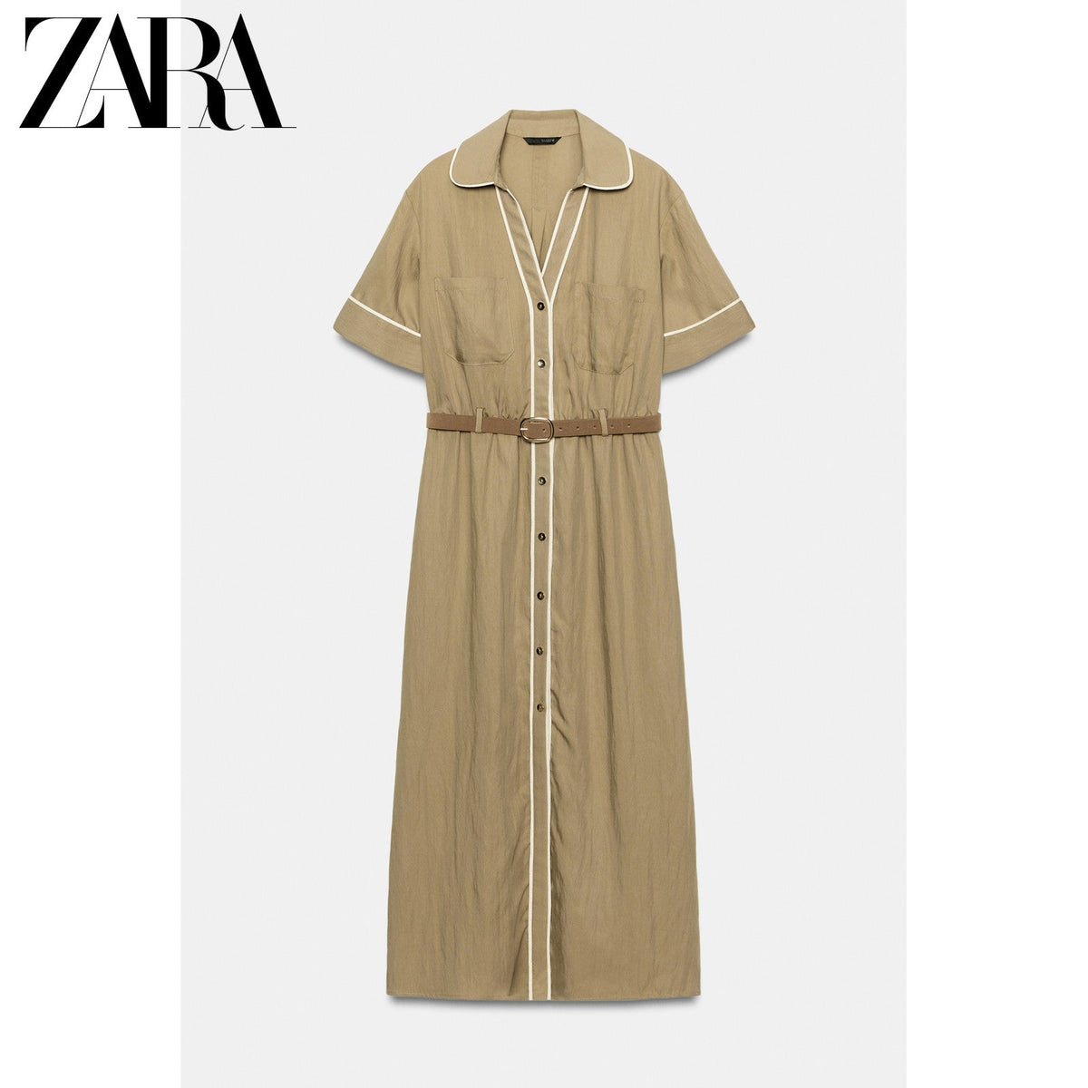فستان نسائي ZARA بحزام وأزرار لون بني - رفعة