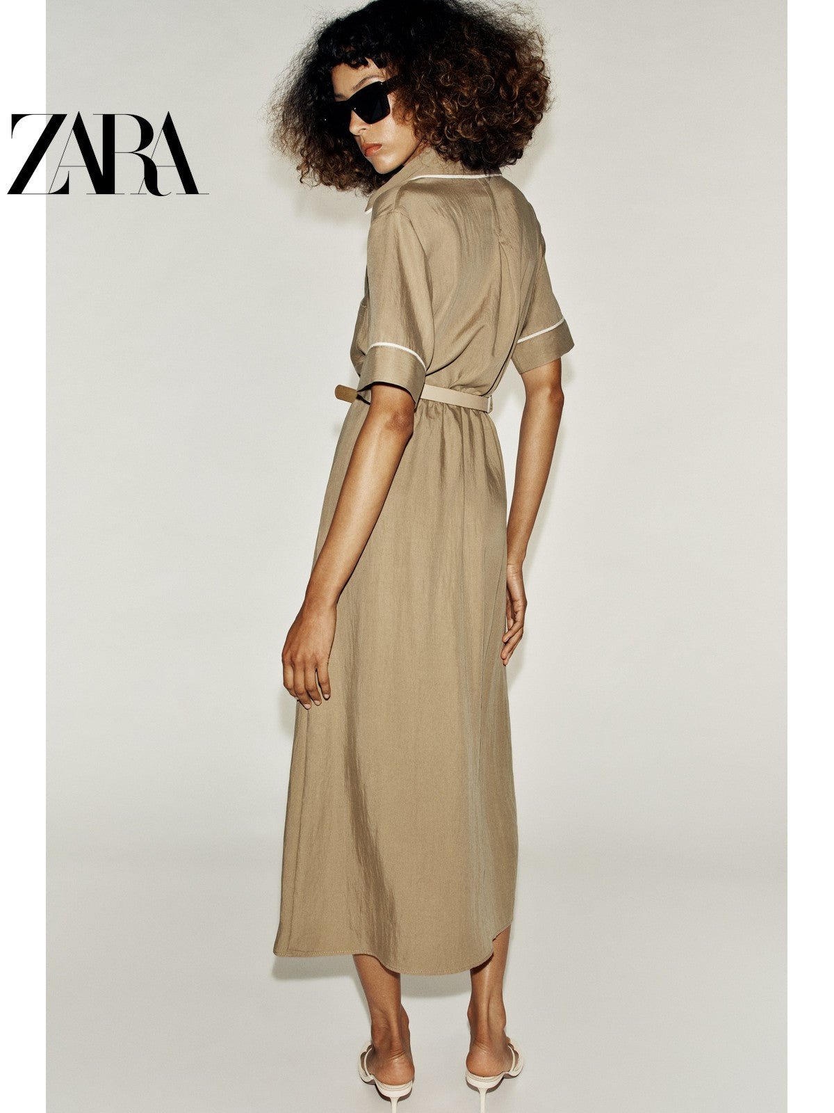 فستان نسائي ZARA بحزام وأزرار لون بني - رفعة