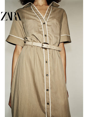 فستان نسائي ZARA بحزام وأزرار لون بني - رفعة