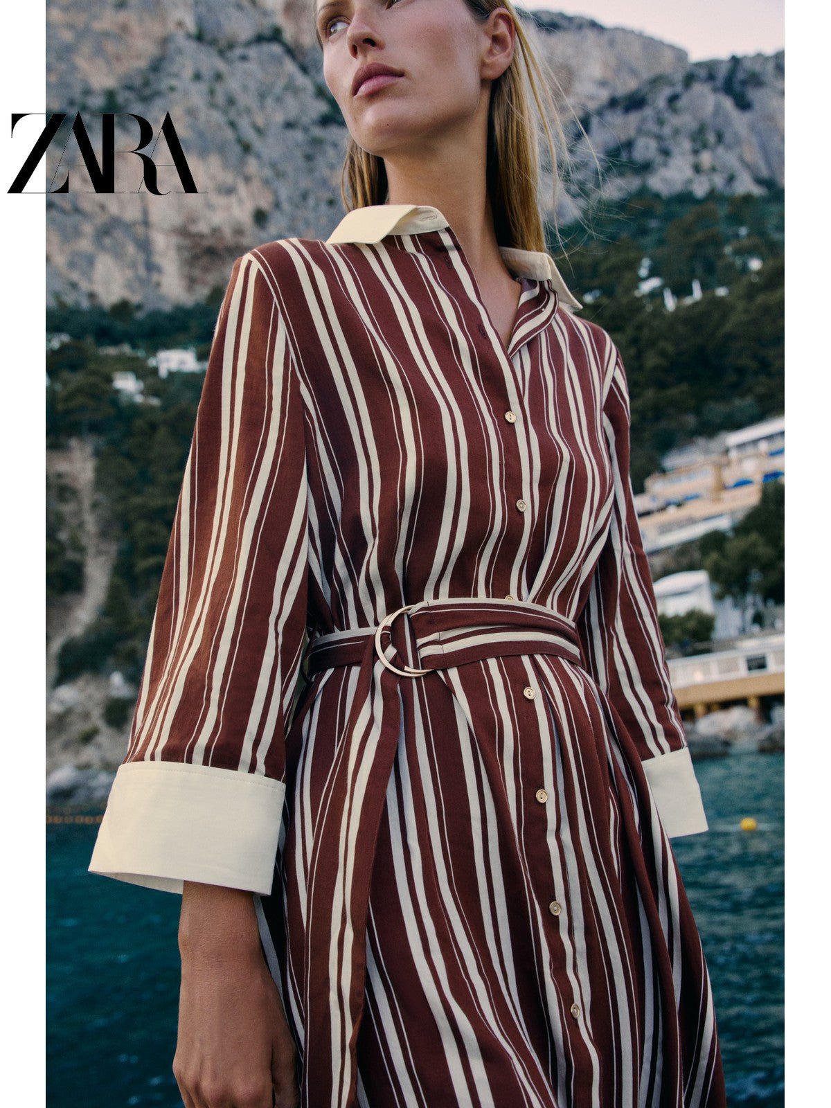فستان نسائي ZARA مقلم بني أنيق بحزام - رفعة